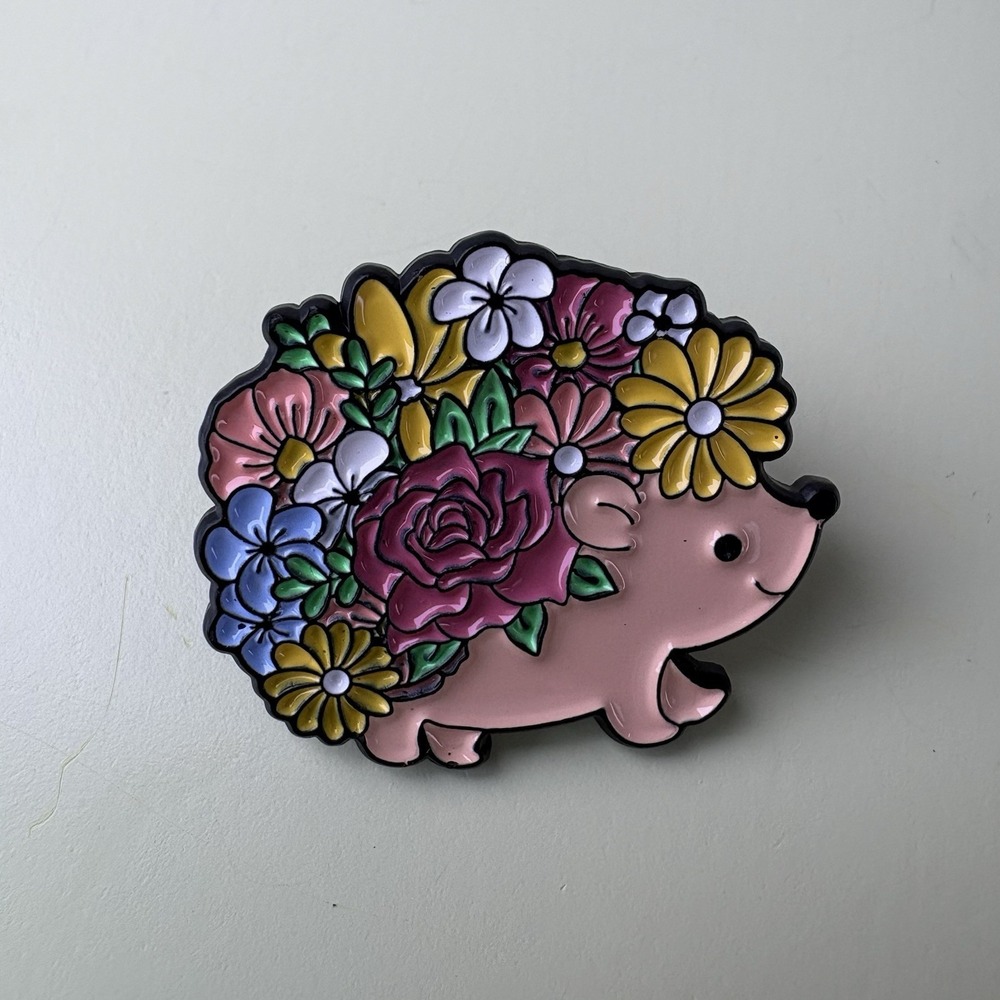 Flower Hedgehog Wildflowers Enamel Lapel Pin Rubber Back Daisy Rose